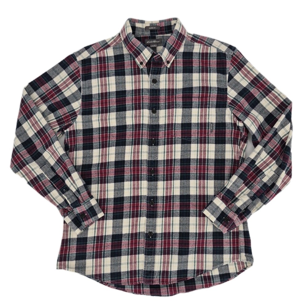 Eddie Bauer Men's Classic Fit Flannel Shirt‎ Long Sleeve Plaid Red Navy Cream M